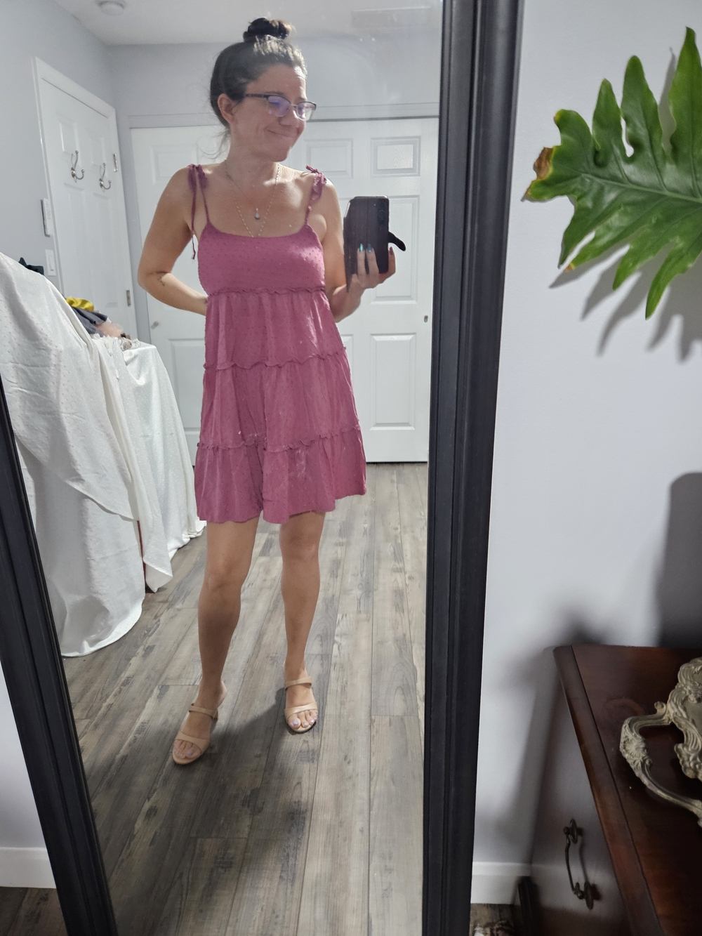 SHEIN Mauve Pink Tie-Shoulder Tiered Mini Dress